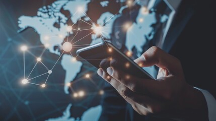 Aufkleber - Businessman touching smartphone for analyze stock at logistics port and world map and online goods orders ,logistics network import export transportation trading business concept