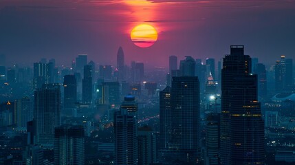 Poster - Cityscape with big sun and sunset on center between building at evening in Bangkok Thailand.
