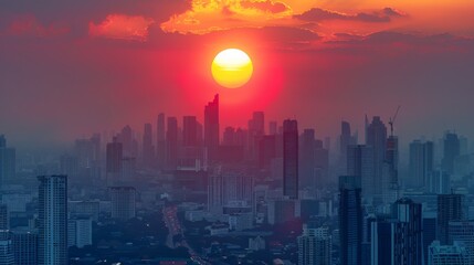 Poster - Cityscape with big sun and sunset on center between building at evening in Bangkok Thailand.
