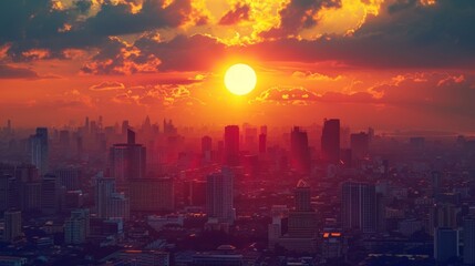 Poster - Cityscape with big sun and sunset on center between building at evening in Bangkok Thailand.
