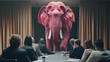 Unique and surreal image depicting a real pink elephant standing amidst professionals in a modern meeting room setting