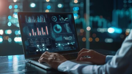 Poster - Digital business marketing data management on virtual screen, Businessman use laptop work marketing analysis chart strategic planning analytics dashboard with management data work in modern office