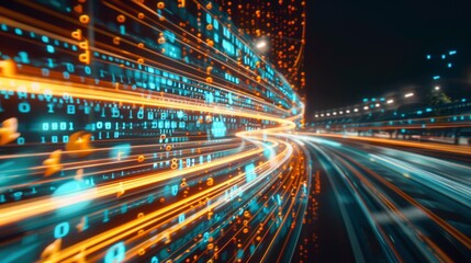 Leinwandbilder - Digital data flow on road with motion blur to create vision of fast speed transfer . Concept of future digital transformation , disruptive innovation and agile business methodology .