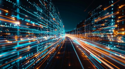 Leinwandbilder - Digital data flow on road with motion blur to create vision of fast speed transfer . Concept of future digital transformation , disruptive innovation and agile business methodology .