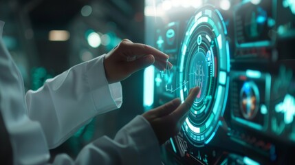 Fototapete - Doctor hand pressing futuristic health device with medical symbol on screen