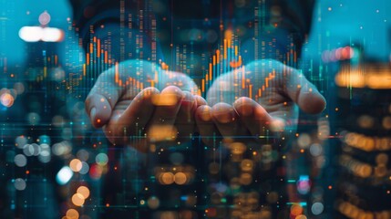 Fototapete - Double exposure hands with stock market chart.