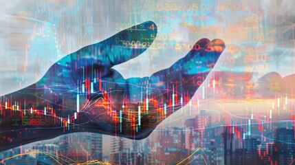 Fototapete - Double exposure hands with stock market chart.