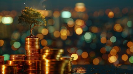 Poster - double exposure of golden coins stacks on table with tree growing on top and blur city night background, money and investment concept