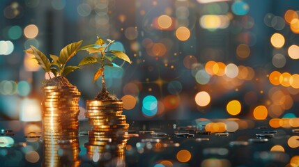 Poster - double exposure of golden coins stacks on table with tree growing on top and blur city night background, money and investment concept