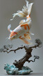 Digitally stylized image of an elegant koi fish swimming above coral with a serene bonsai tree on a neutral background