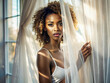 Beautiful afroamerican woman behind the curtains. pretty girl with short hairstyle