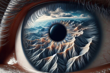 close-up image of a human eye, pupil and cornea of different shapes.