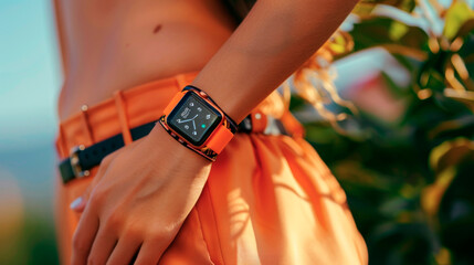 A young woman shows off a stylish orange watch in close-up.