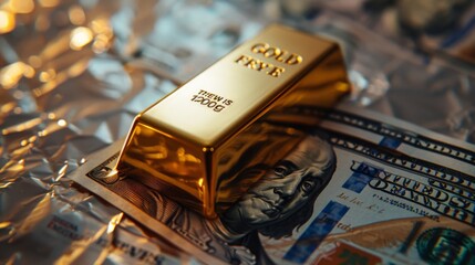 Poster - Gold bar on US dollar banknotes money, economy finance exchange trade investment concept.