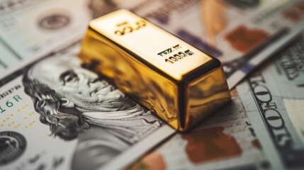 Poster - Gold bar on US dollar banknotes money, economy finance exchange trade investment concept.