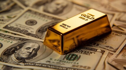 Poster - Gold bar on US dollar banknotes money, economy finance exchange trade investment concept.