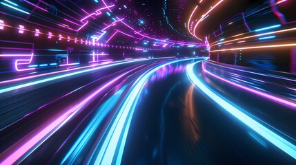 Canvas Print - Vibrant neon lights streak through a futuristic tunnel