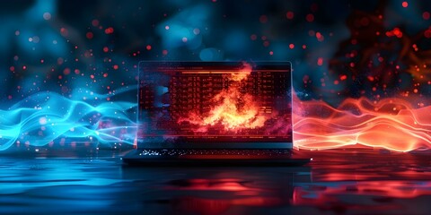 Wall Mural - Red binary ransomware locks laptop screen in cyber attack compromising internet security. Concept Cybersecurity, Ransomware, Data Breach, Cyber Attacks, Internet Security