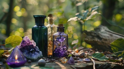 Wall Mural - Among the lush green of the forest lie enchanting magic witch bottles and precious mineral gemstones adding vibrance to the natural setting Explore the realms of witchcraft and magic as spi