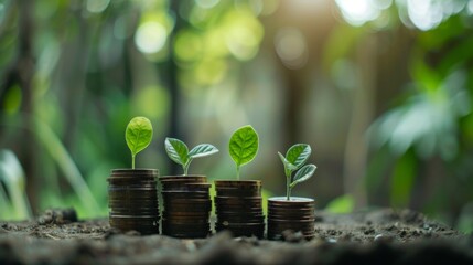 Poster - money growth concept,young plants growing up on stack of coins for saving and invesment