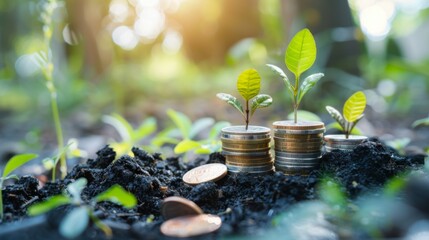 Poster - money growth concept,young plants growing up on stack of coins for saving and invesment
