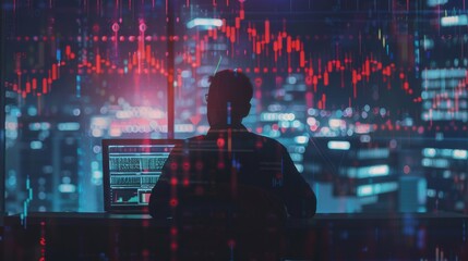 Fototapete - Multi exposure of market chart with man working on computer on background. Concept of financial analysis.