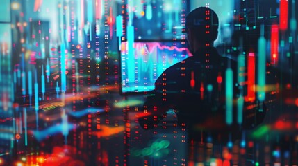 Fototapete - Multi exposure of market chart with man working on computer on background. Concept of financial analysis.