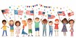 Group of happy children waving American flags.