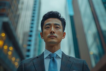 Wall Mural - Well-groomed, rich Chinese young man in full height in an expensive suit against the background of blurry skyscrapers, view from below
