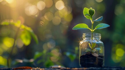 Poster - Plant growing from coins outside the glass jar on blurred green natural background with copy space and sunlight effect for investment, business and financial growth concept