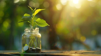 Poster - Plant growing from coins outside the glass jar on blurred green natural background with copy space and sunlight effect for investment, business and financial growth concept