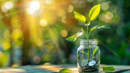 Poster - Plant growing from coins outside the glass jar on blurred green natural background with copy space and sunlight effect for investment, business and financial growth concept