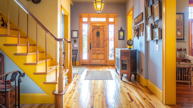 Stylish foyer with a vibrant yellow staircase an antique wooden door and a light oak hardwood floor