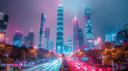 Aufkleber - Shenzhen city buildings at night and blurred car lights