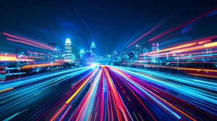 Leinwandbilder - Smart city with speed line glowing light trail surround the city. big data connection technology concept