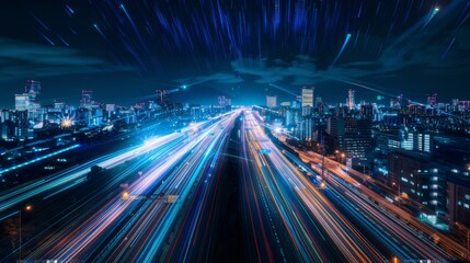 Leinwandbilder - Smart city with speed line glowing light trail surround the city. big data connection technology concept