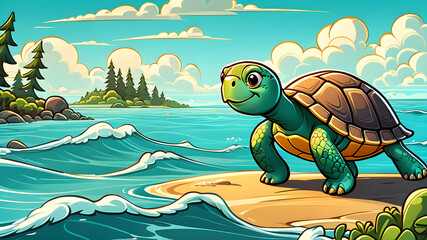 Wall Mural - colorful children's illustration of turtle. cute cartoon turtle on the background of the sea.