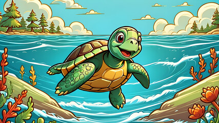 Wall Mural - colorful children's illustration of turtle. cute cartoon turtle on the background of the sea.