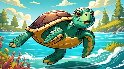 Wall Mural - colorful children's illustration of turtle. cute cartoon turtle on the background of the sea.