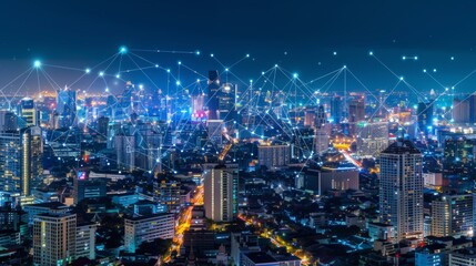 Leinwandbilder - Smart network and Connection technology concept with Bangkok city background at night in Thailand, Panorama view