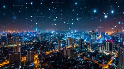 Leinwandbilder - Smart network and Connection technology concept with Bangkok city background at night in Thailand, Panorama view