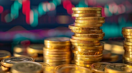 Poster - Stack of gold money coin with trading graph, financial investment concept can be use as background