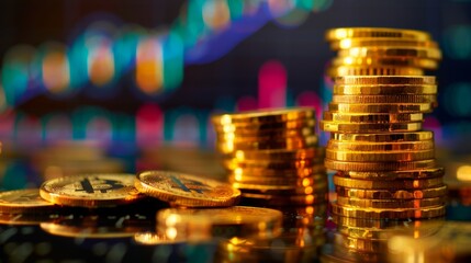Poster - Stack of gold money coin with trading graph, financial investment concept can be use as background