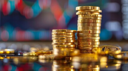 Poster - Stack of gold money coin with trading graph, financial investment concept can be use as background