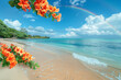 A tranquil tropical beach scene with blooming palms, turquoise waters, and clear skies.