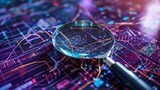 A magnifying glass over digital data with glowing lines and charts, representing the world of artificial intelligence in cyber security The background has a purple blue color