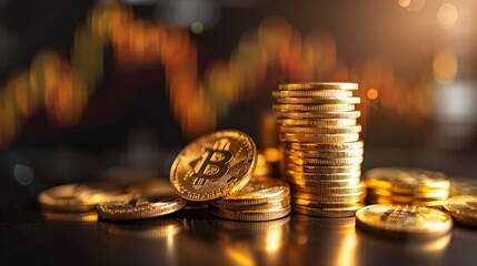Poster - Stack of gold money coin with trading graph, financial investment concept can be use as background