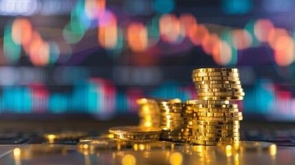 Poster - Stack of gold money coin with trading graph, financial investment concept can be use as background