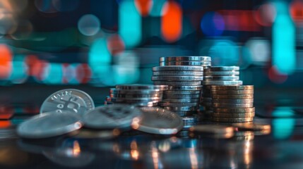Poster - stack of silver coins with trading chart in financial concepts and financial investment business stock growth