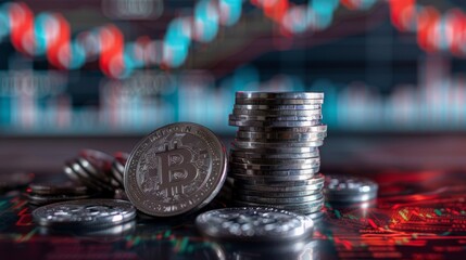 Poster - stack of silver coins with trading chart in financial concepts and financial investment business stock growth